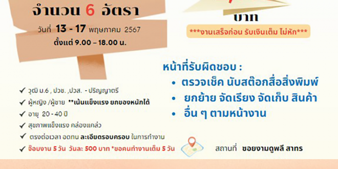 รับสมัครพนักงาน Part Time นับสต๊อก (รายได้ 2,500 บาท)